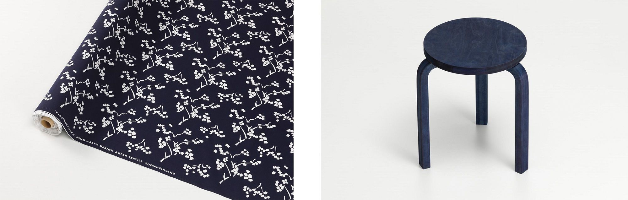 （Left）Restored “Kirsikankukka”, a textile design evoking spring cherry blossoms.（Right）”Stool 60, Indigo Dye”, a whole Finnish-Birch stool dyed in Japan Blue. 