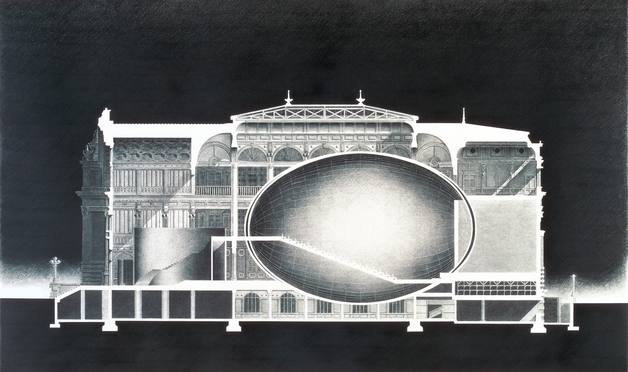  The drawing of Ando’s proposal for the Nakanoshima Project II (Urban Egg). An egg shaped hall can be seen inside the Osaka City Central Public Hall. © TADAO ANDO ARCHITECT & ASSOCIATES