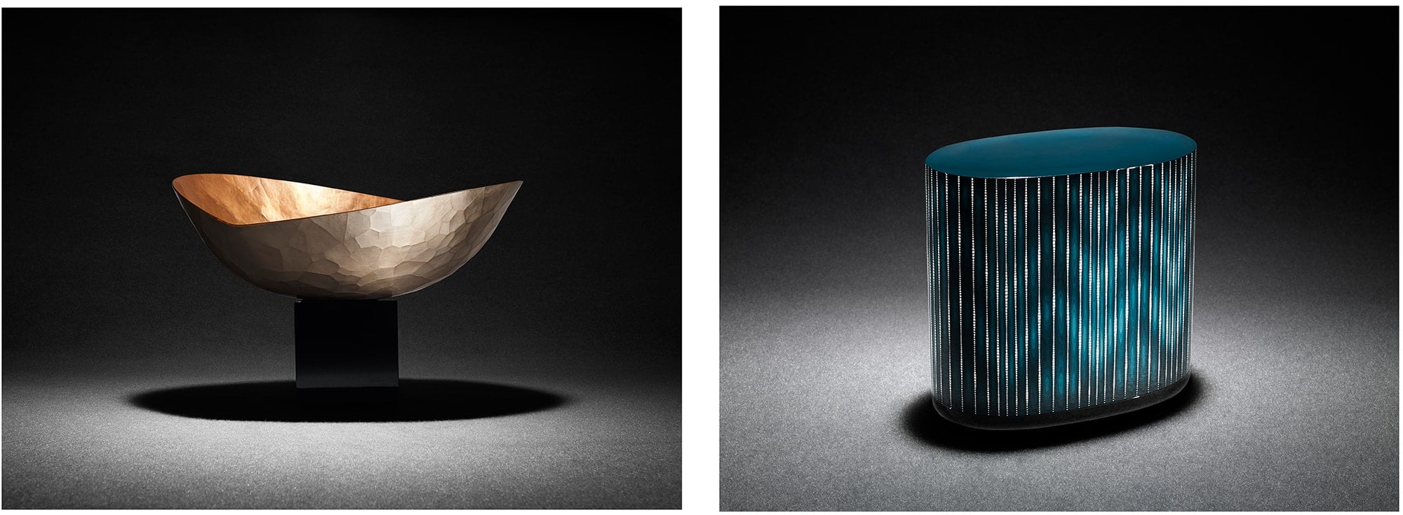 Maeda collaborated with Gyokusendo and seventh generation Kinjo Ikkokusai to search for the Japanese essence. Gyokusendo’s “Kodoki”,  a tsuiki-doki wine cooler (Left Image). Seventh Generation Kinjo Ikkokusai’s “Shiraito”, a lacquered box created with the carved cho-shitsu technique and crushed eggshells (Right Image) Photography by © MAZDA