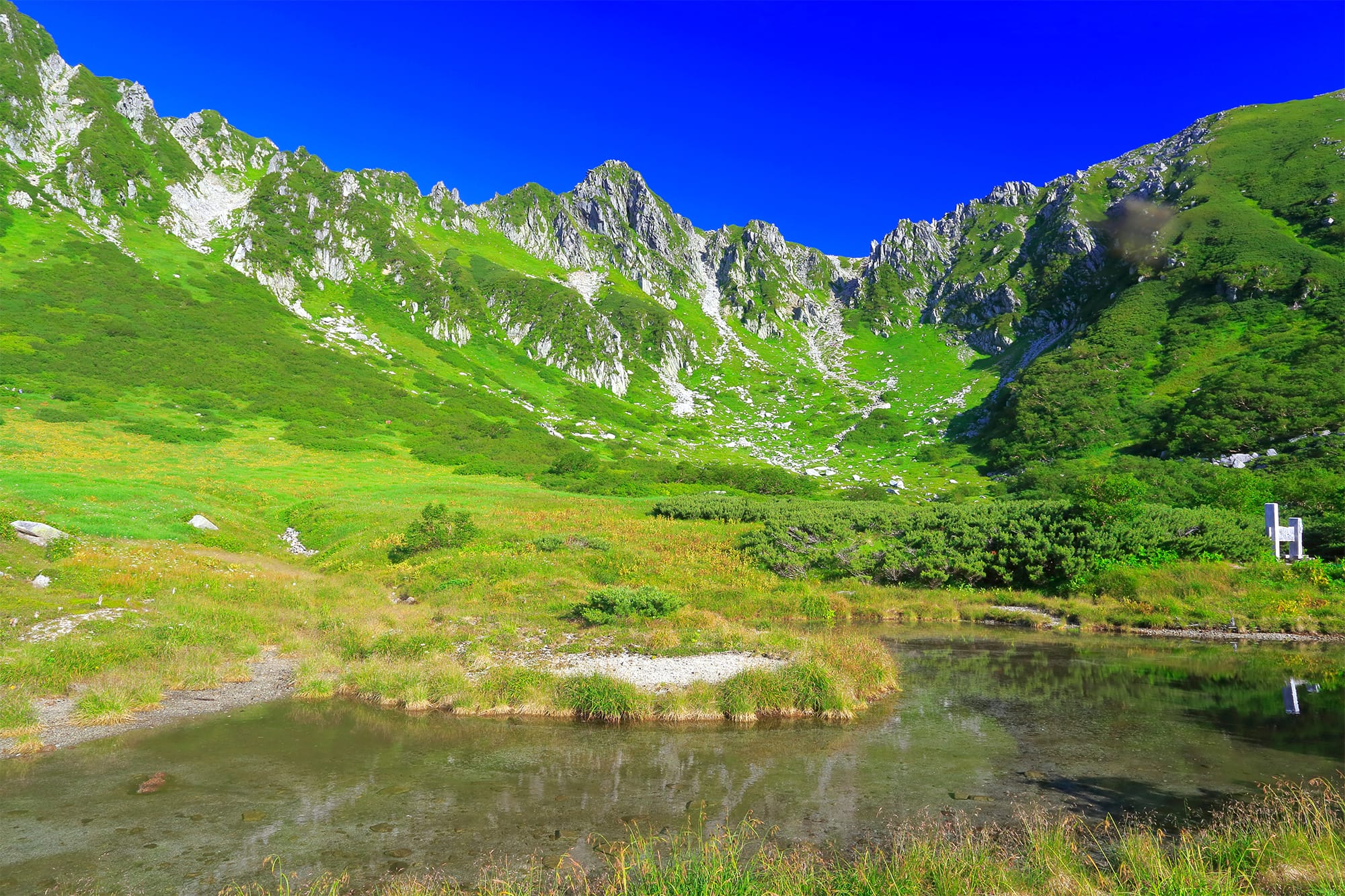 日本を代表するカール地形、千畳敷カール。新緑の季節は、無機質な岩峰を覆う鮮やかな緑と青い空が千畳敷ならではの絶景を織りなす。