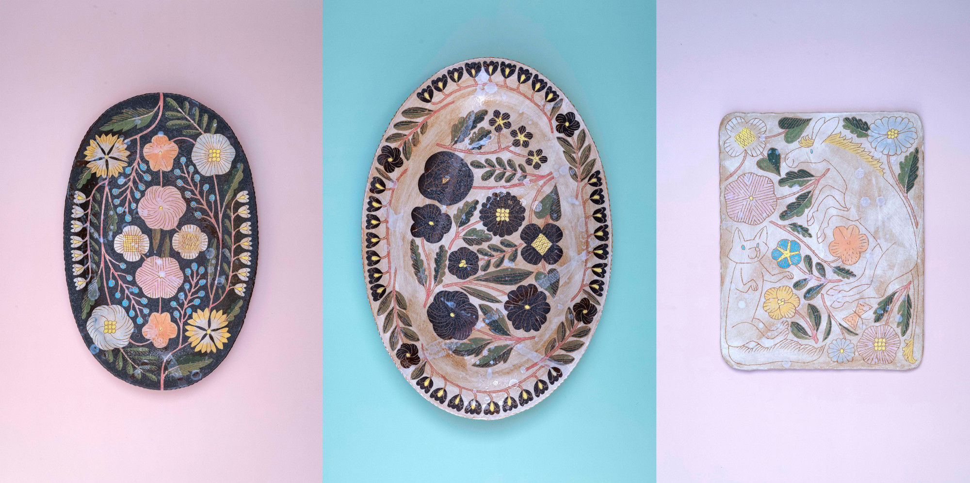 鹿児島 睦が手掛ける陶器は、黒地や白地にカラフルな彩色で自然物を描くのが特徴。