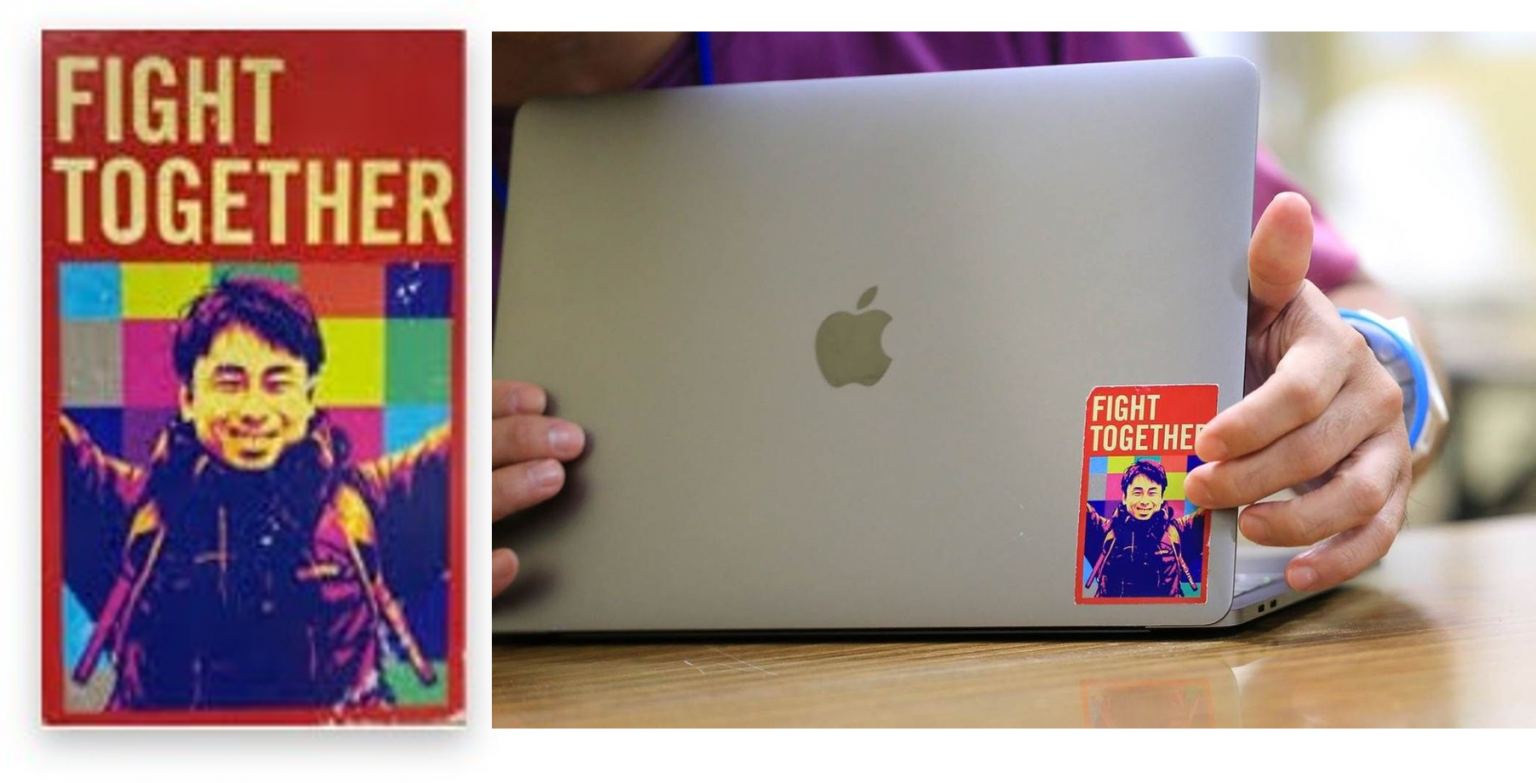 御園生氏の写真でデザインされた「FIGHT TOGETHER」というスローガン入りのステッカー。